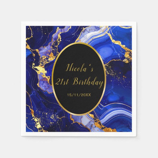 Royal Blue and Gold Marble Agate Birthday Party Servet (Voorkant)