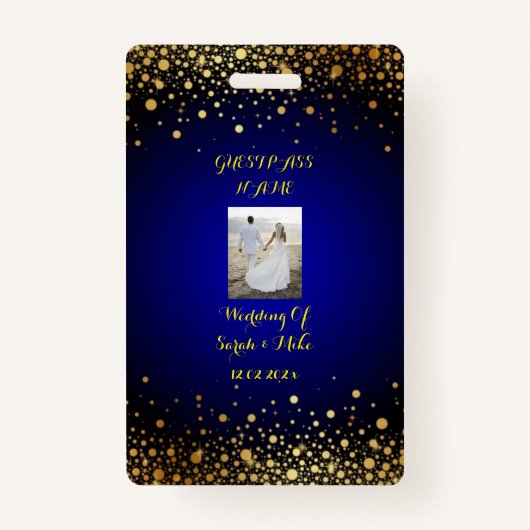 Royal Blue and Gold Wedding Guest Pass Badge (Voorkant)