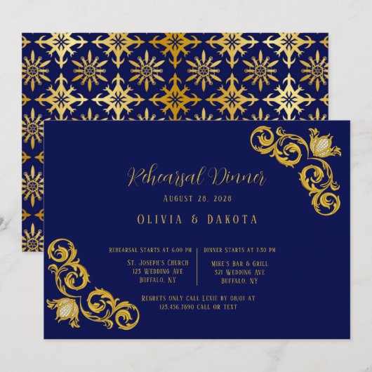 Royal Blue and Gold Wedding Rehearsal Dinner Kaart (Voorkant / Achterkant)