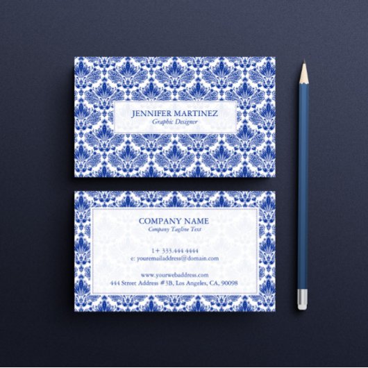 Royal Blue and White  Damaskpatroon Visitekaartje