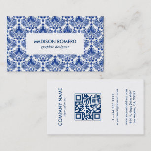 Royal Blue and White Damasks Patroon QR-code Visitekaartje