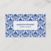 Royal Blue and White Damasks Patroon QR-code Visitekaartje (Voorkant)