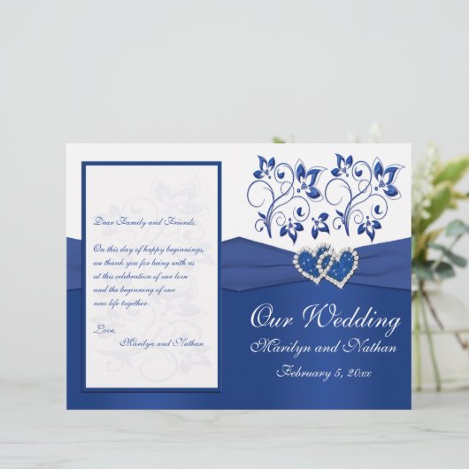 Royal Blue and White Joined Hearts Wedding Program (Staand voorkant)