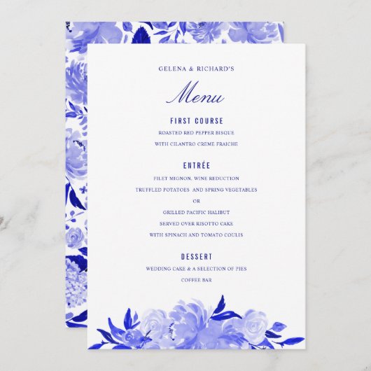Royal Blue and White Waterverf Bloemen Menu (Voorkant / Achterkant)