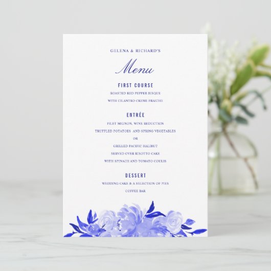 Royal Blue and White Waterverf Bloemen Menu (Staand voorkant)