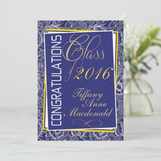 Royal Blue and Yellow 2016 Afstuderen Invitation Kaart (Staand voorkant)