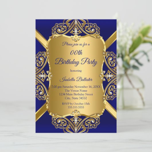 Royal Blue Any Age Birthday Party Gold Diamond 2 Kaart (Staand voorkant)