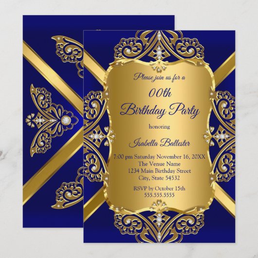 Royal Blue Any Age Birthday Party Gold Diamond 2 Kaart (Voorkant / Achterkant)
