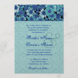 Royal Blue & Aqua Daisy Wedding Premium Metallic Kaart