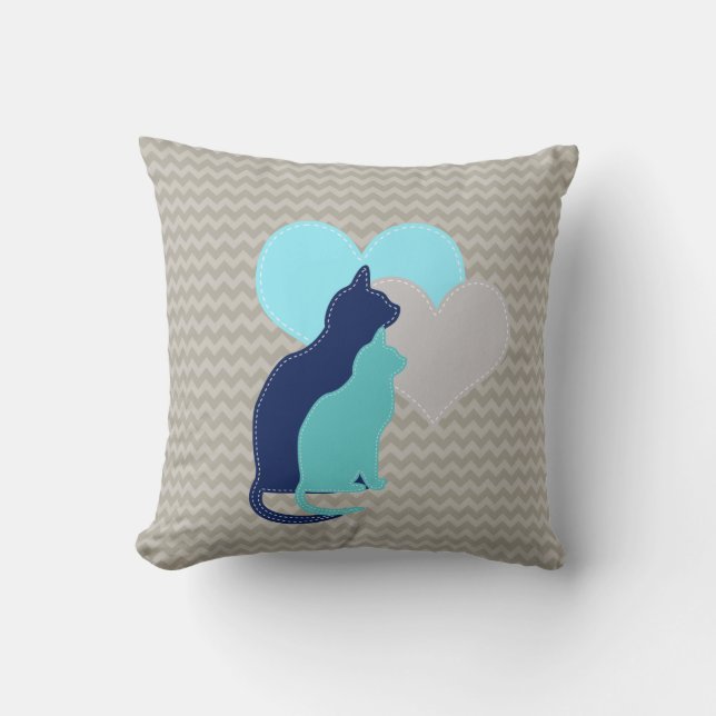 Royal Blue, Aqua, Grijze Katten op ChevronThrow ku Kussen (Voorkant)