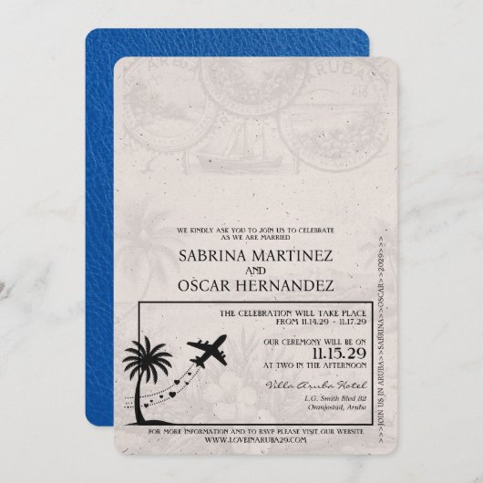 Royal Blue Aruba Passport Wedding Invitation Kaart (Voorkant / Achterkant)