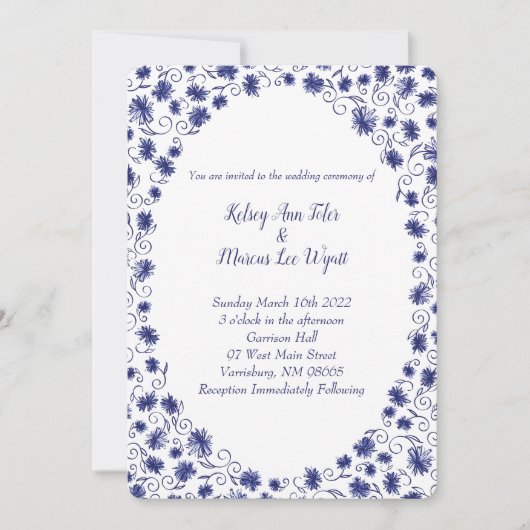 Royal Blue Aster Flower Wedding Invitations Kaart (Voorkant)