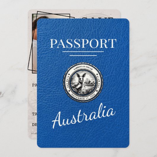 Royal Blue Australia Passport Bewaar de datum Save The Date (Voorkant / Achterkant)