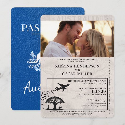 Royal Blue Australia Passport Wedding Kaart (Voorkant / Achterkant)