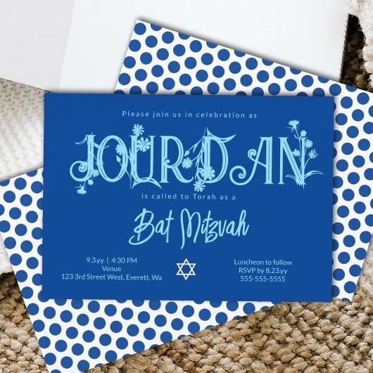 Royal Blue Bat Mitzvah Floral, Polka Dots Kaart