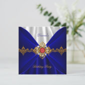 Royal Blue Birthday Gold Red Jewel White Silk Kaart (Staand voorkant)