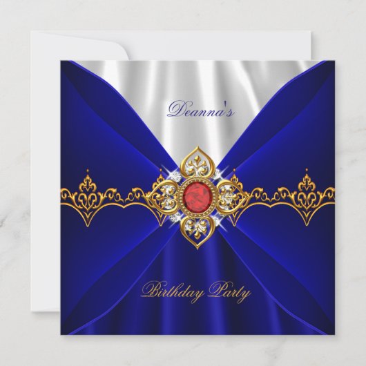 Royal Blue Birthday Gold Red Jewel White Silk Kaart (Voorkant)