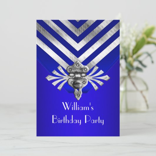 Royal Blue Birthday Party Silver Stripe Kaart (Staand voorkant)