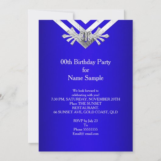 Royal Blue Birthday Party Silver Stripe Kaart (Achterkant)