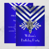 Royal Blue Birthday Party Silver Stripe Kaart (Voorkant / Achterkant)