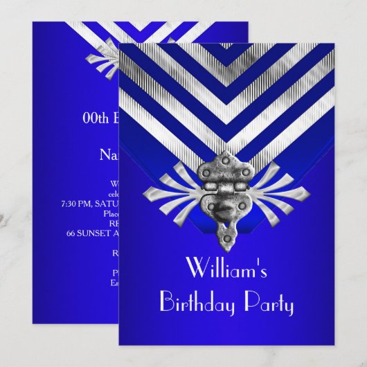Royal Blue Birthday Party Silver Stripe Kaart (Voorkant / Achterkant)