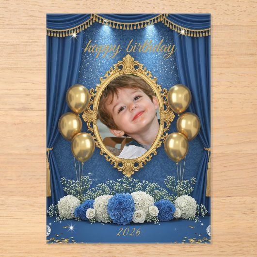 Royal Blue Birthday Photo Invitation for Boy Acryl Uitnodigingen (Voorkant)
