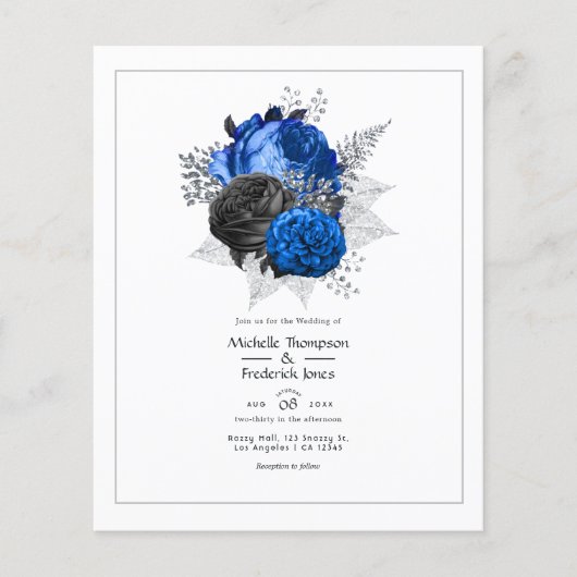 Royal Blue, Black and Silver Floral Wedding Flyer (Voorkant)