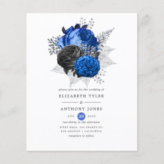 Royal Blue, Black and Silver Floral Wedding Invite Flyer (Voorkant)