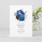 Royal Blue, Black and Silver Floral Wedding Kaart (Staand voorkant)