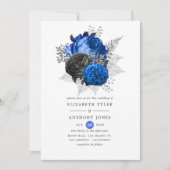 Royal Blue, Black and Silver Floral Wedding Kaart (Voorkant)