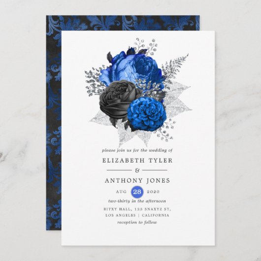 Royal Blue, Black and Silver Floral Wedding Kaart (Voorkant / Achterkant)