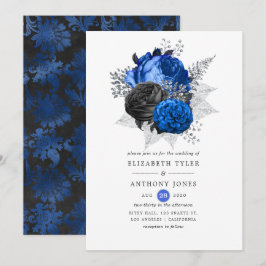 Royal Blue, Black and Silver Floral Wedding Kaart
