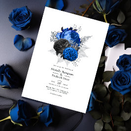 Royal Blue, Black and Silver Floral Wedding Kaart