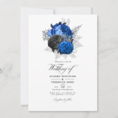 Royal Blue, Black and Silver Floral Wedding Photo Kaart (Voorkant)