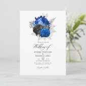 Royal Blue, Black and Silver Floral Wedding Photo Kaart (Staand voorkant)