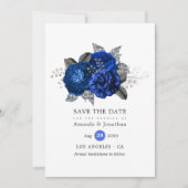 Royal Blue, Black and Silver Floral Wedding Save The Date (Voorkant)