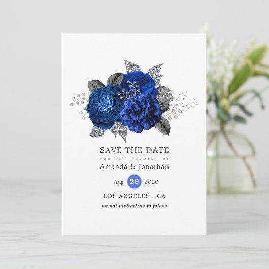 Royal Blue, Black and Silver Floral Wedding Save The Date (Staand voorkant)