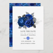 Royal Blue, Black and Silver Floral Wedding Save The Date (Voorkant / Achterkant)
