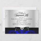 Royal Blue Black Damask Sparkle Sweet 16 Invite Kaart (Voorkant)