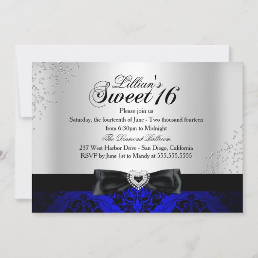 Royal Blue Black Damask Sparkle Sweet 16 Invite Kaart (Voorkant)