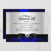 Royal Blue Black Damask Sparkle Sweet 16 Invite Kaart (Voorkant / Achterkant)