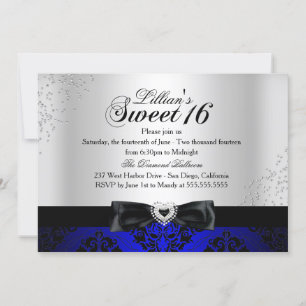 Royal Blue Black Damask Sparkle Sweet 16 Invite Kaart