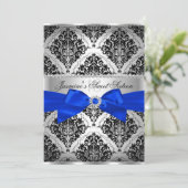 Royal Blue & Black Damask Sweet 16 Uitnodiging (Staand voorkant)