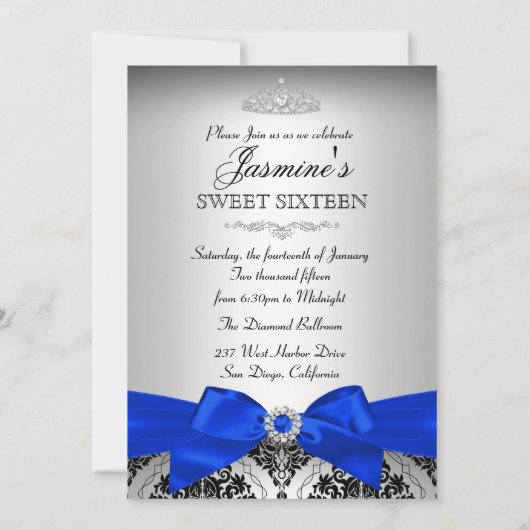 Royal Blue & Black Damask Sweet 16 Uitnodiging (Achterkant)
