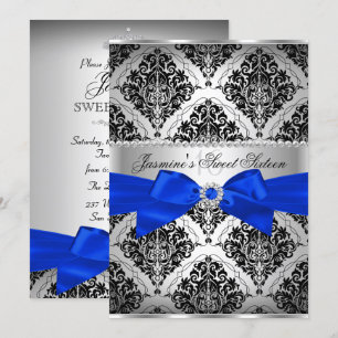Royal Blue & Black Damask Sweet 16 Uitnodiging