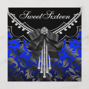 Royal Blue Black Damask Sweet Sixteen Birthday Par Kaart