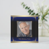 Royal Blue Black en Gold verjaardagsfeestje Kaart (Staand voorkant)