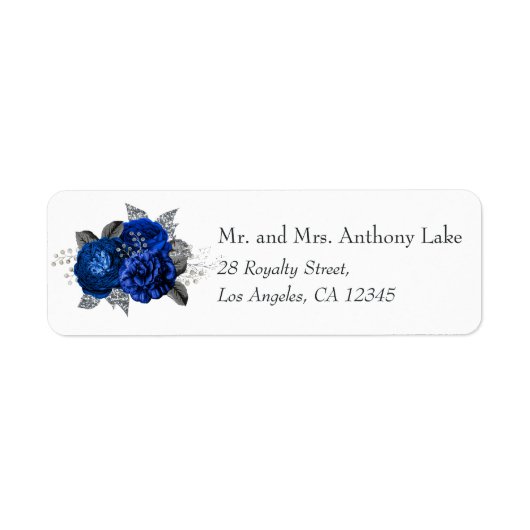 Royal Blue, Black en Silver Floral Etiket (Voorkant)