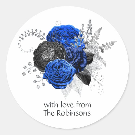 Royal Blue, Black en Silver Floral Ronde Sticker (Voorkant)