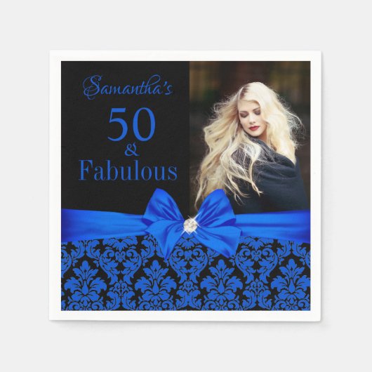 Royal Blue Black Floral Damask 50th Birthday Foto Servet (Voorkant)
